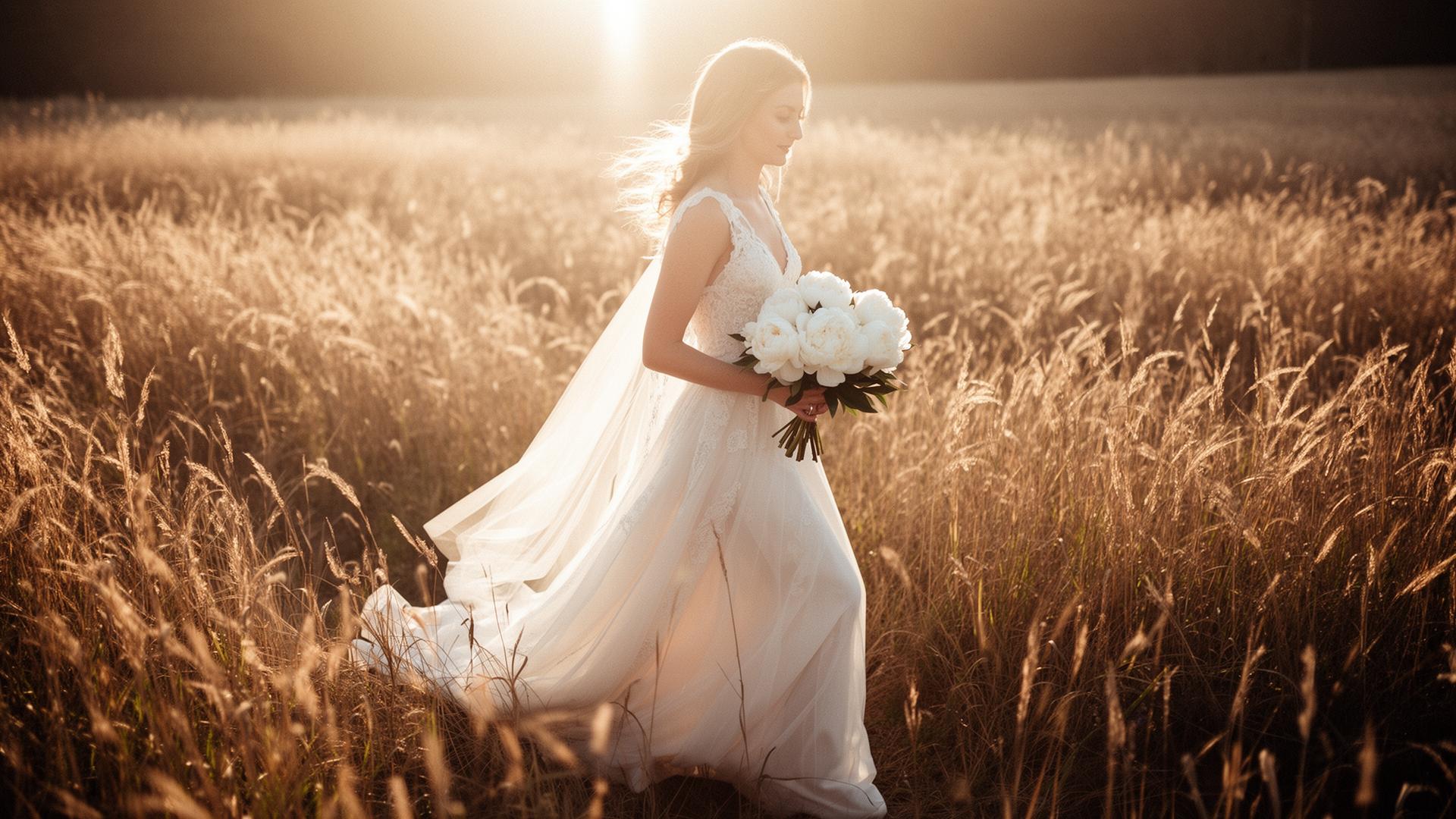 Bride walking through a golden field at sunset