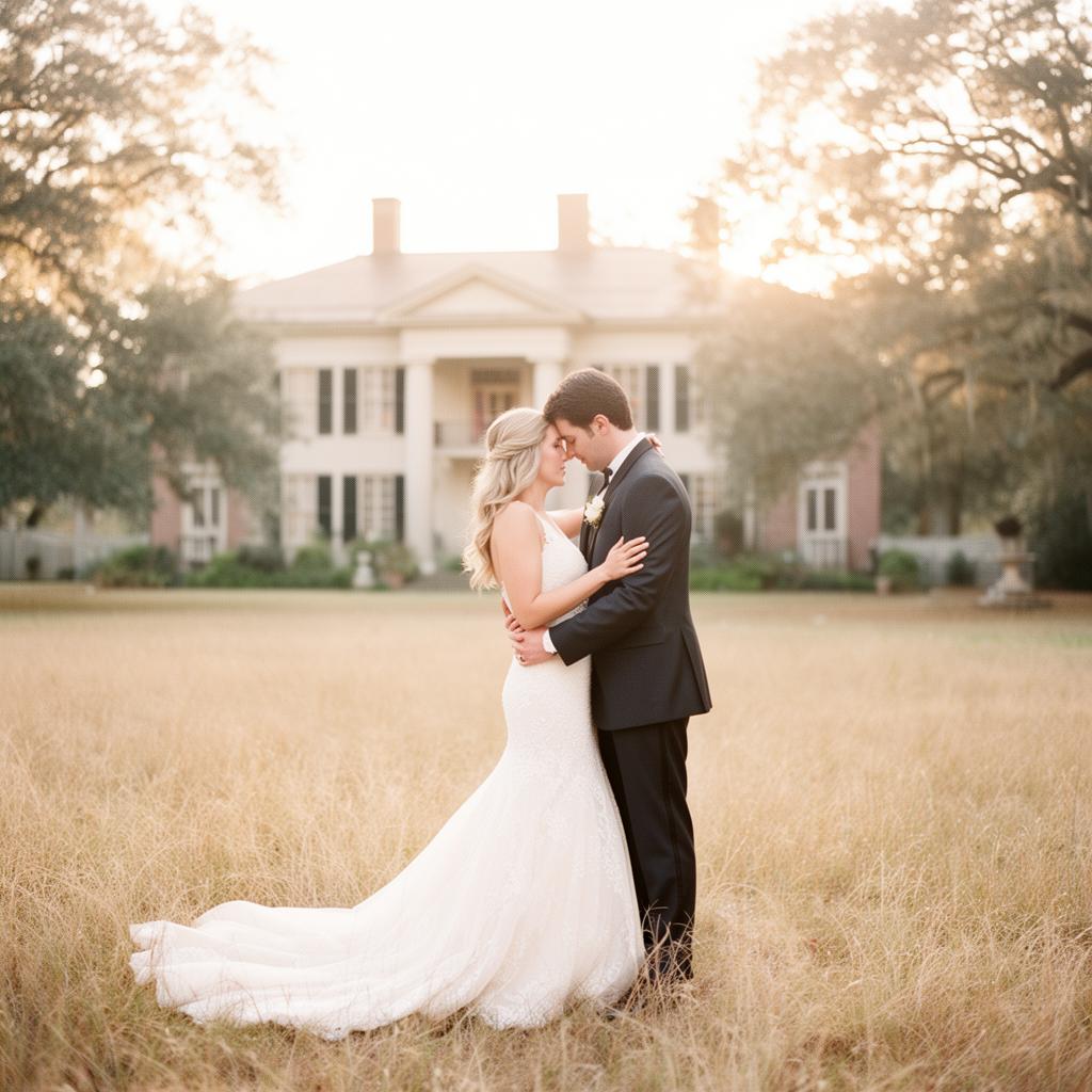 Bride and groom at golden hour in a sunlit field