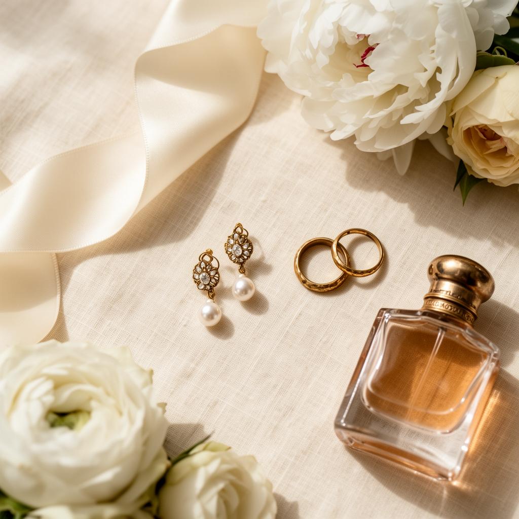 Wedding flat lay with pearls, rings, white florals and silk ribbon