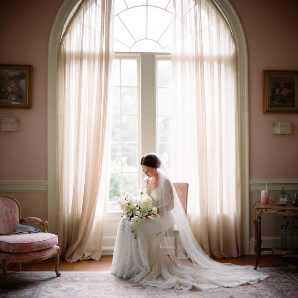 Bride seated by an arched window in soft morning light