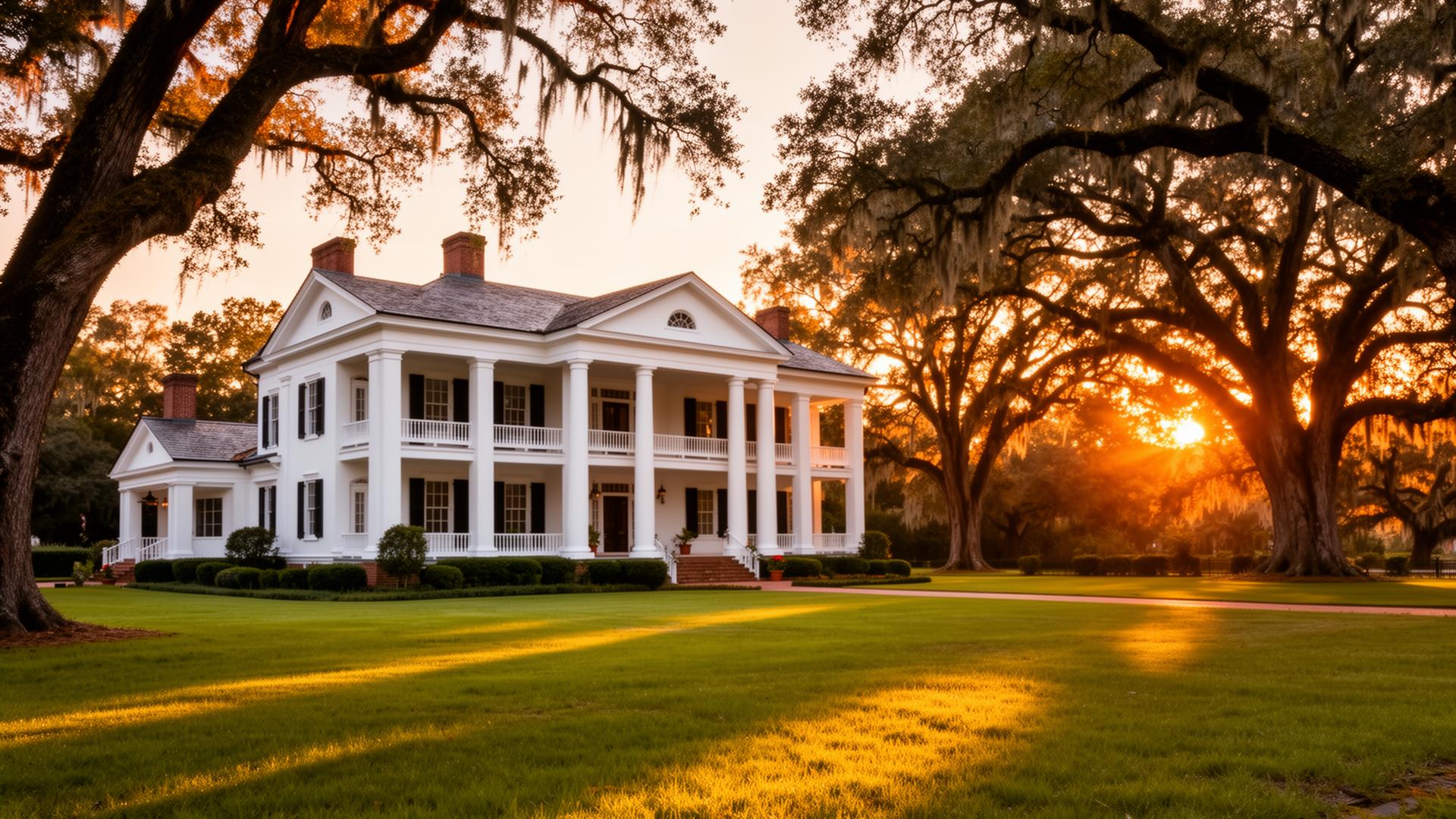 Historic Southern estate framed by oak trees at sunset